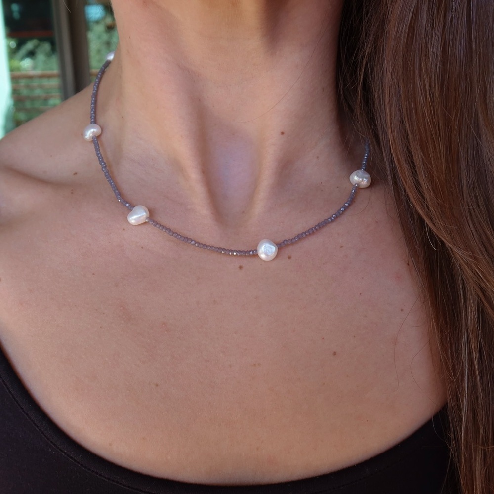 Genuine Freshwater Pearl & Crystal Beaded Necklace | Gold Clasp